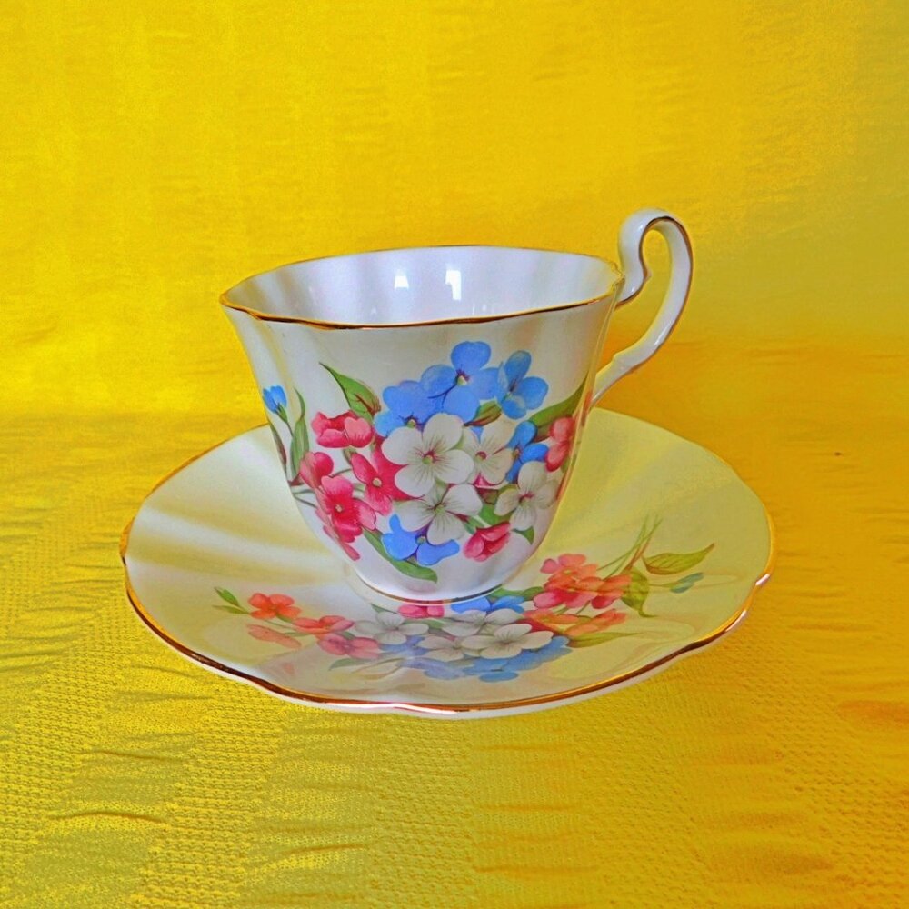 Adderley pink blue white floral 1260 cup and saucer VGU